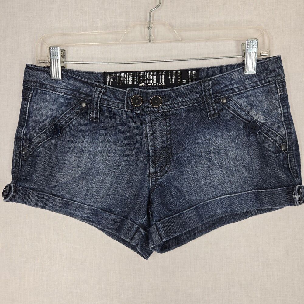 Freestyle Revolution Y2K Denim Shorts Size 5 Low Rise Cuffed Embroidered Pockets